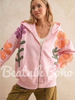 Pink Floral Applique Oversized Zip Hoodie | TikTok Viral Boho Patchwork Jacket